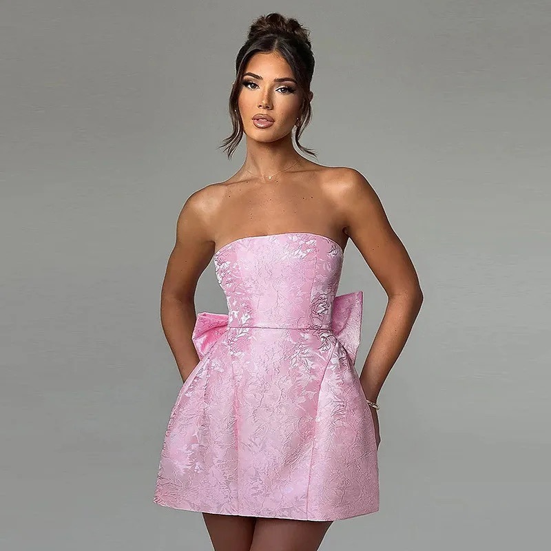 Solid Color Jacquard Strapless Bow Dress