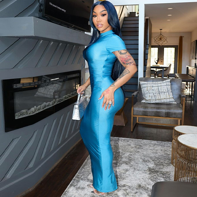 Solid Color Sexy Foreign Trade Short Sleeved Slit Dress