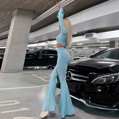 Sports Slim Fit Long Sleeved High Waisted Flared Pants Set 02