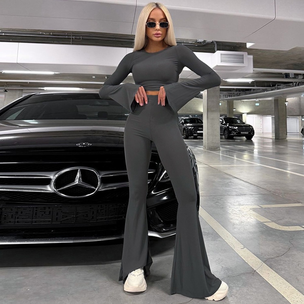 Sports Slim Fit Long Sleeved High Waisted Flared Pants Set