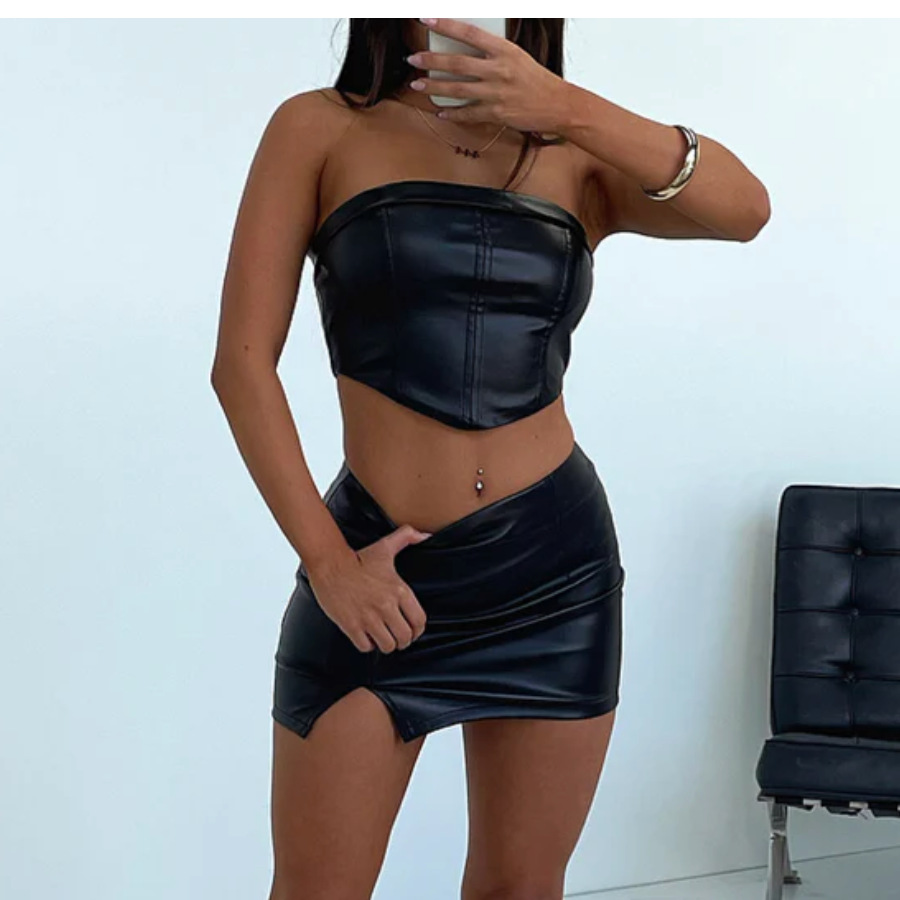 Strapless, Backless, And Navel Revealing Sexy Waist Hugging Skirt Set