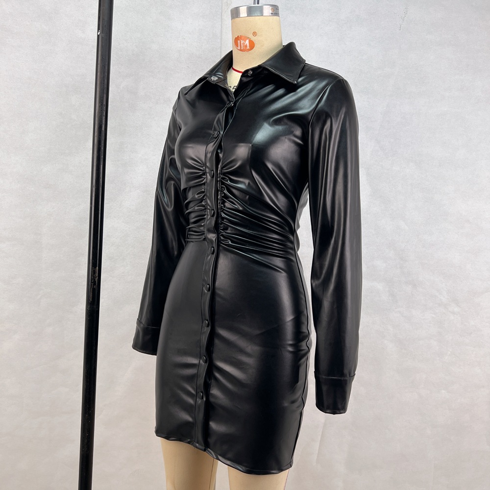 Wrinkled Slim Fit Single Breasted Long Sleeved Dress