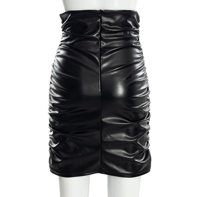 Wrinkled Solid Color PU Hip Hugging Skirt