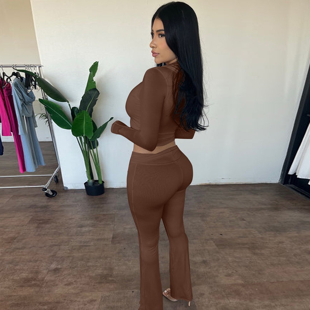 Zipper Long Sleeved Hooded Top, High Waisted Flared Pants Set