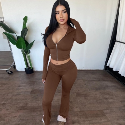Zipper Long Sleeved Hooded Top, High Waisted Flared Pants Set 02