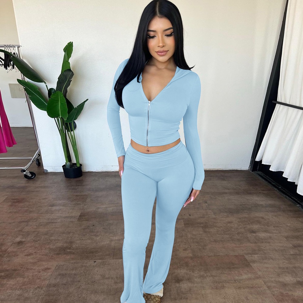Zipper Long Sleeved Hooded Top, High Waisted Flared Pants Set