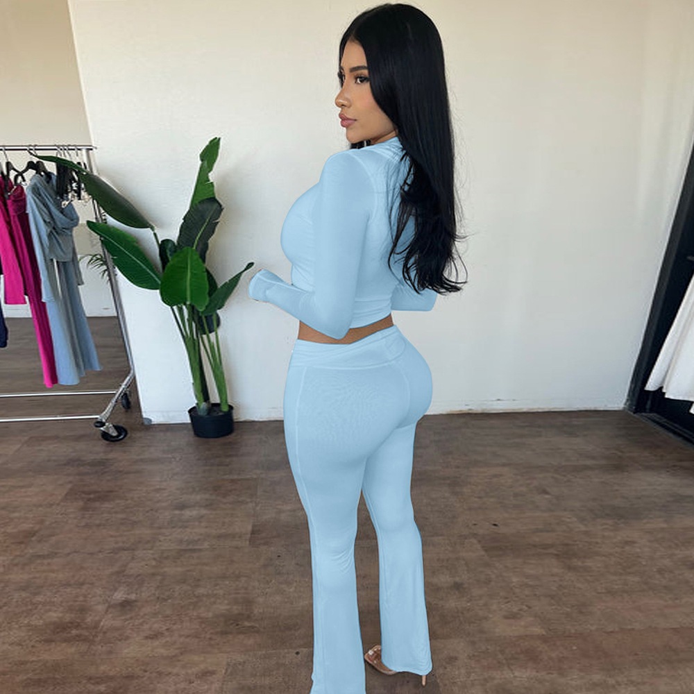 Zipper Long Sleeved Hooded Top, High Waisted Flared Pants Set