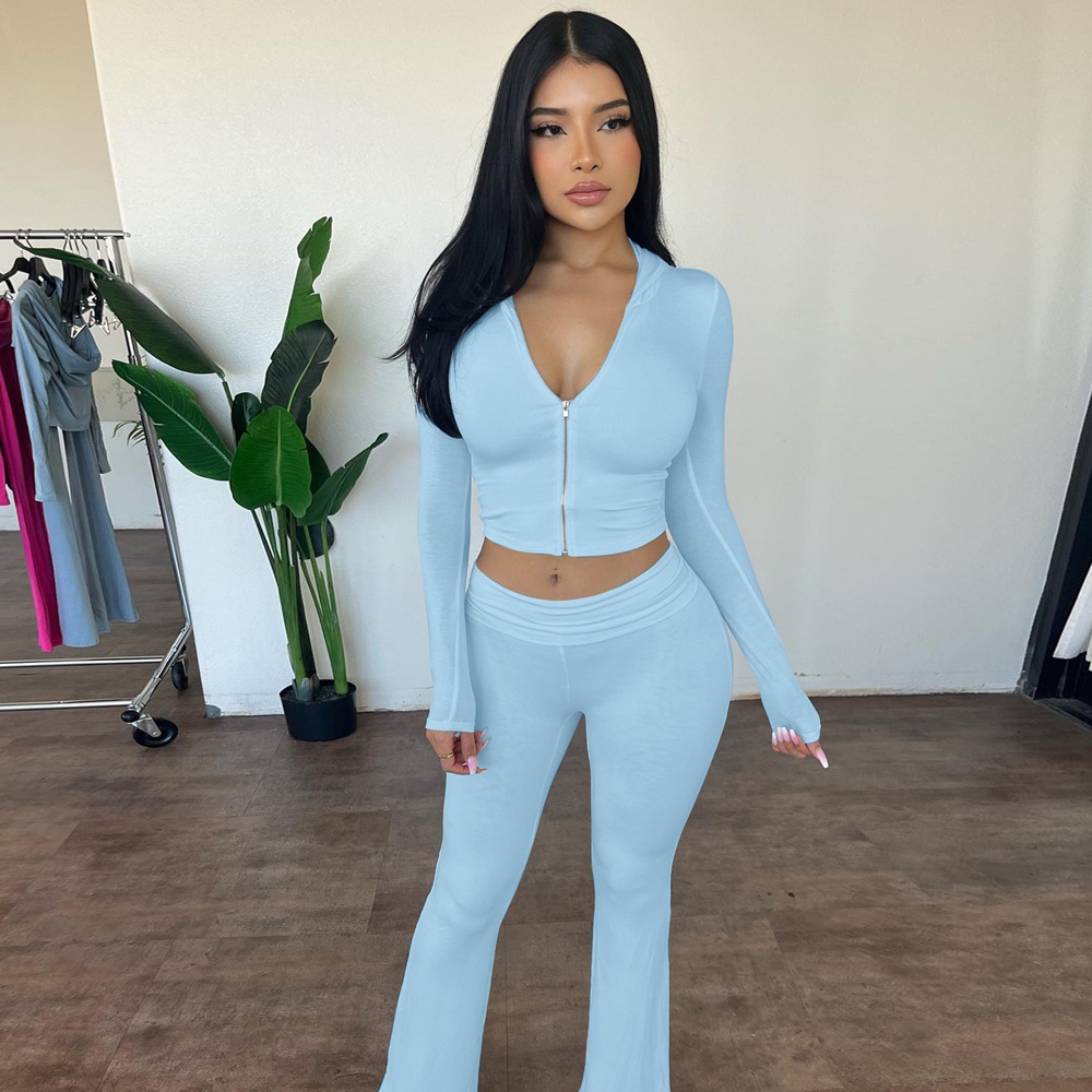 Zipper Long Sleeved Hooded Top, High Waisted Flared Pants Set