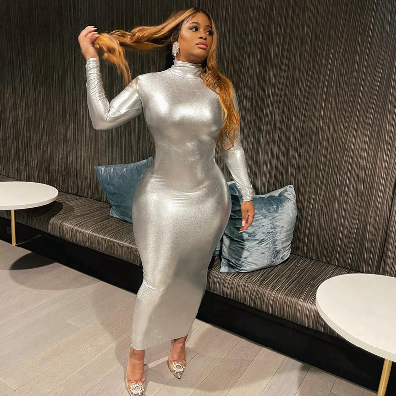 High Neck Long Sleeved Hip Hugging Mid Length Dress