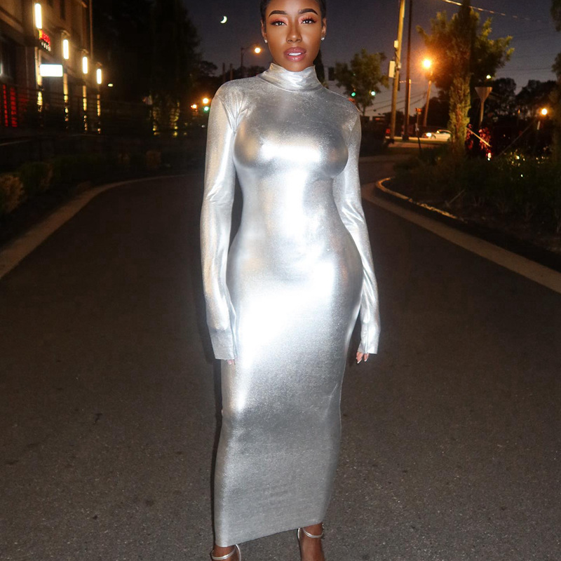 High Neck Long Sleeved Hip Hugging Mid Length Dress