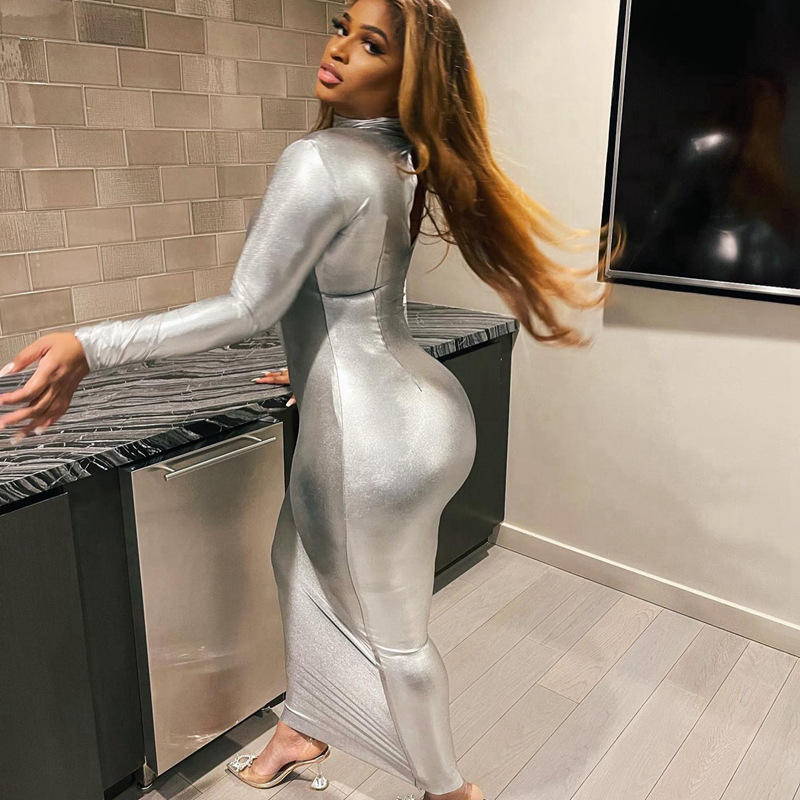 High Neck Long Sleeved Hip Hugging Mid Length Dress