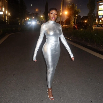 High Neck Long Sleeved Hip Hugging Mid Length Dress 02