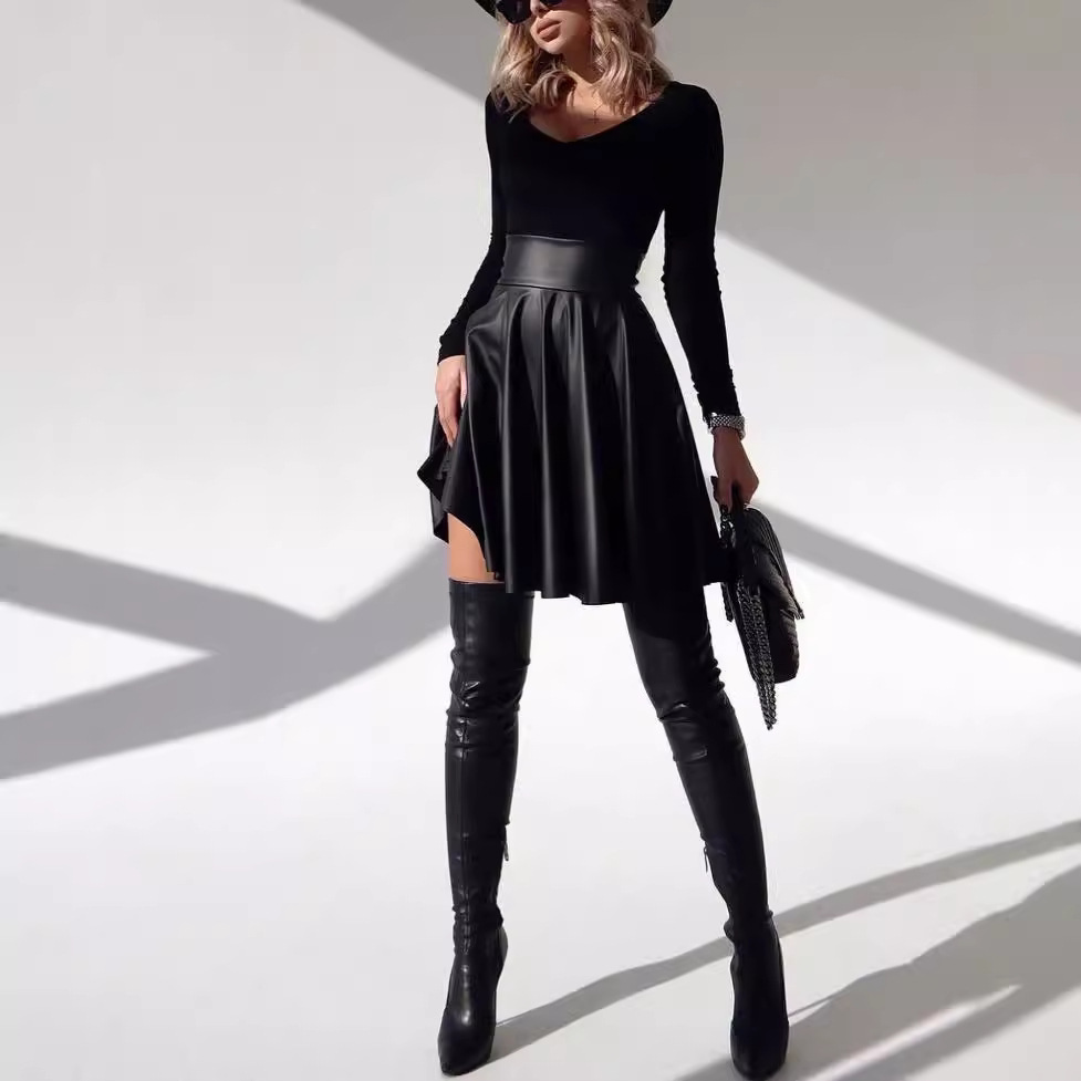 High Waisted And Large Swing PU Leather Skirt
