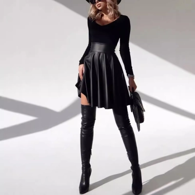 High Waisted And Large Swing PU Leather Skirt 02