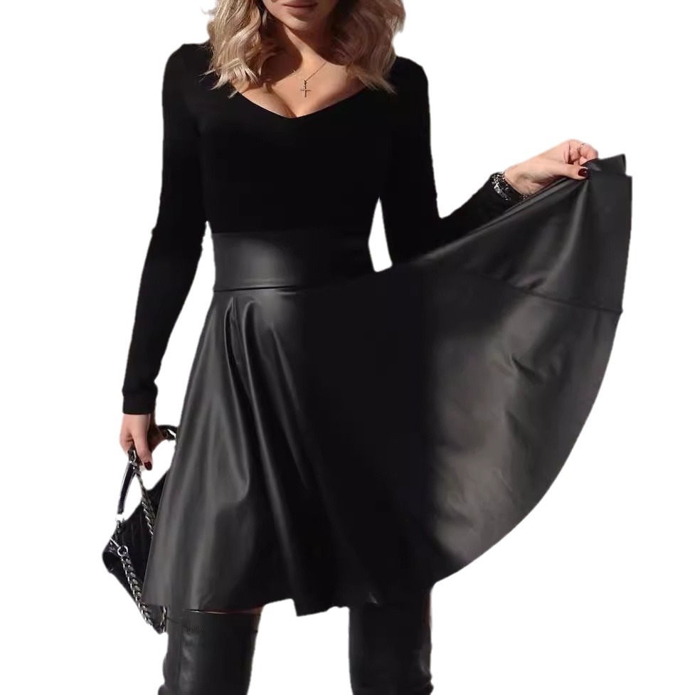 High Waisted And Large Swing PU Leather Skirt
