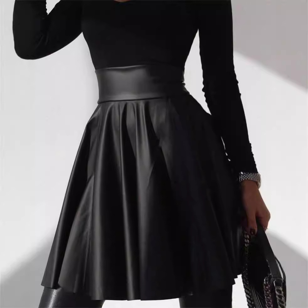 High Waisted And Large Swing PU Leather Skirt