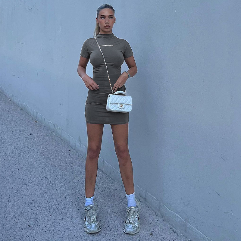 Letter Stand Collar Short Sleeved Slim Fit Hip Hugging Dress