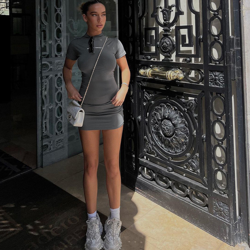 Letter Stand Collar Short Sleeved Slim Fit Hip Hugging Dress