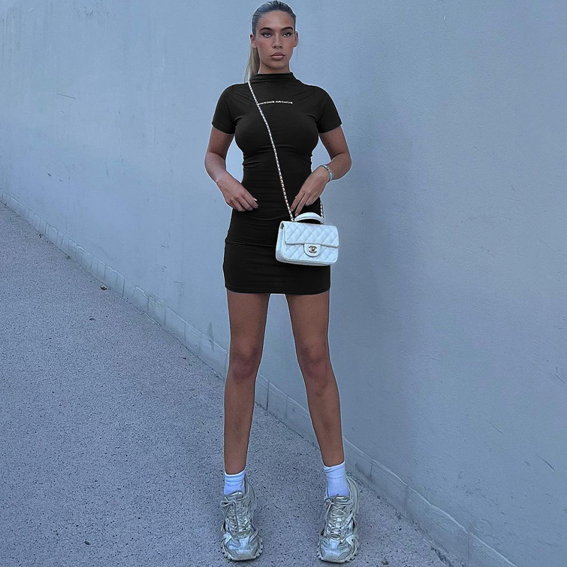 Letter Stand Collar Short Sleeved Slim Fit Hip Hugging Dress