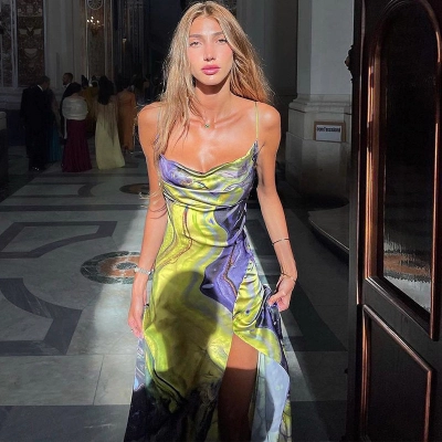 Fashionable Printed Slit Backless Strapless Dress 01
