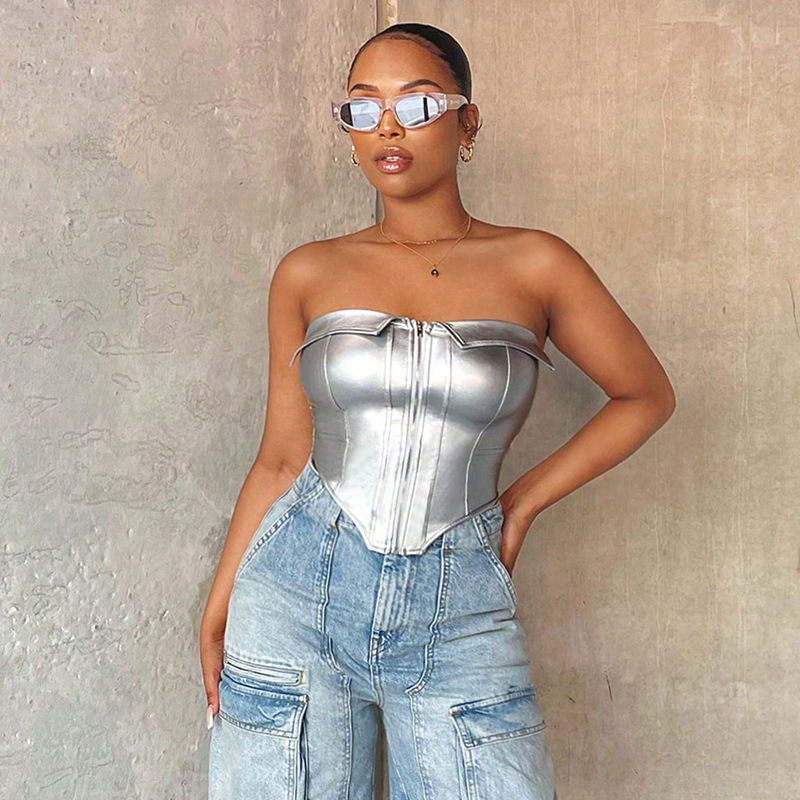 Collar And Strapless PU Fishbone Sexy Zipper Vest