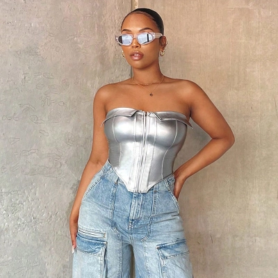 Collar And Strapless PU Fishbone Sexy Zipper Vest 02