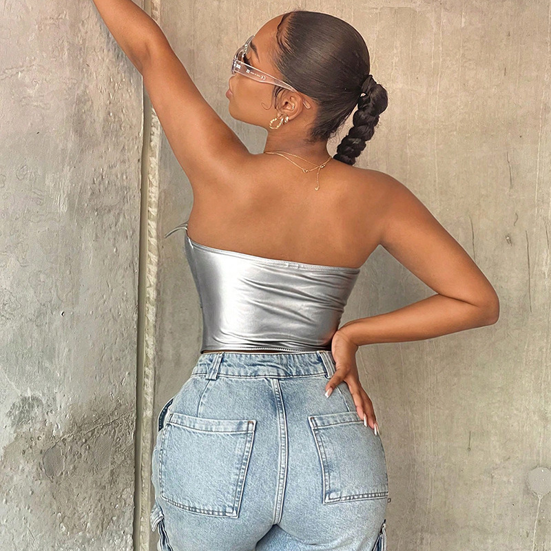 Collar And Strapless PU Fishbone Sexy Zipper Vest