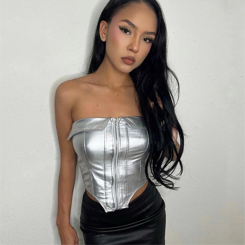 Collar And Strapless PU Fishbone Sexy Zipper Vest