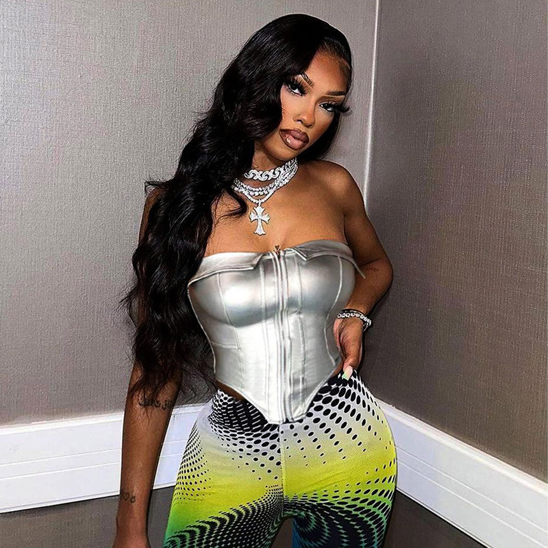 Collar And Strapless PU Fishbone Sexy Zipper Vest