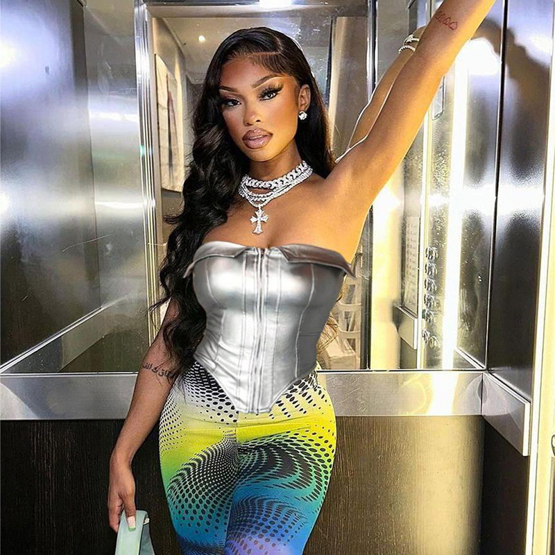 Collar And Strapless PU Fishbone Sexy Zipper Vest