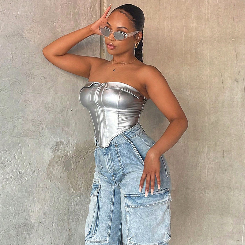 Collar And Strapless PU Fishbone Sexy Zipper Vest