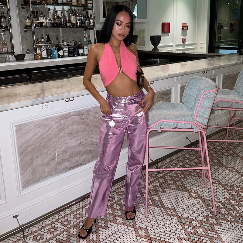 Fashionable High Waisted Pu Leather Pants In Candy Color