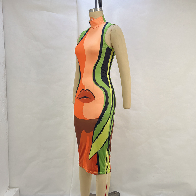 High Neck Sleeveless Lip Print Slim Fit Dress