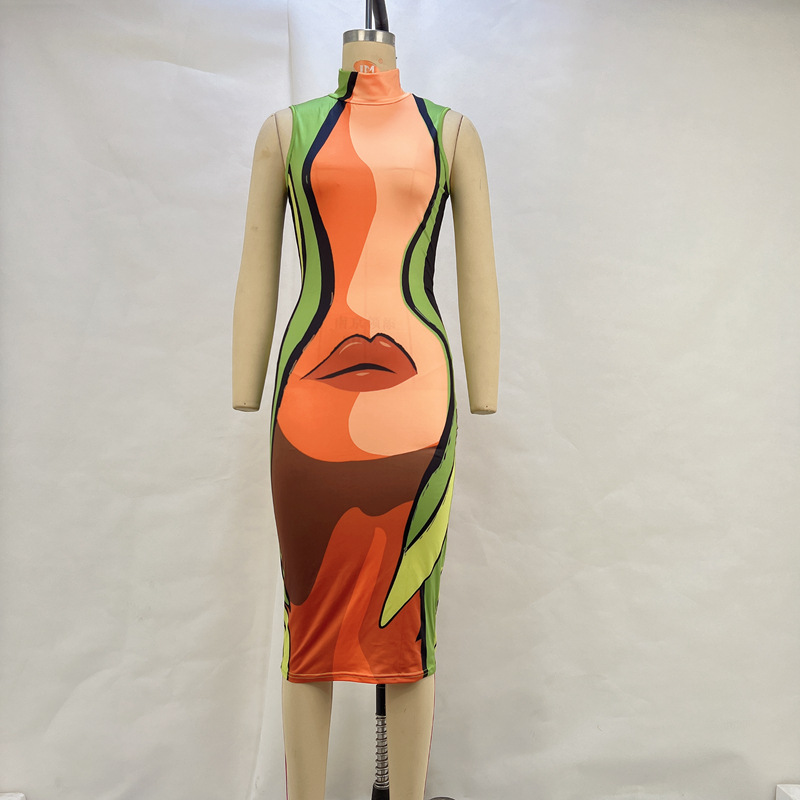 High Neck Sleeveless Lip Print Slim Fit Dress