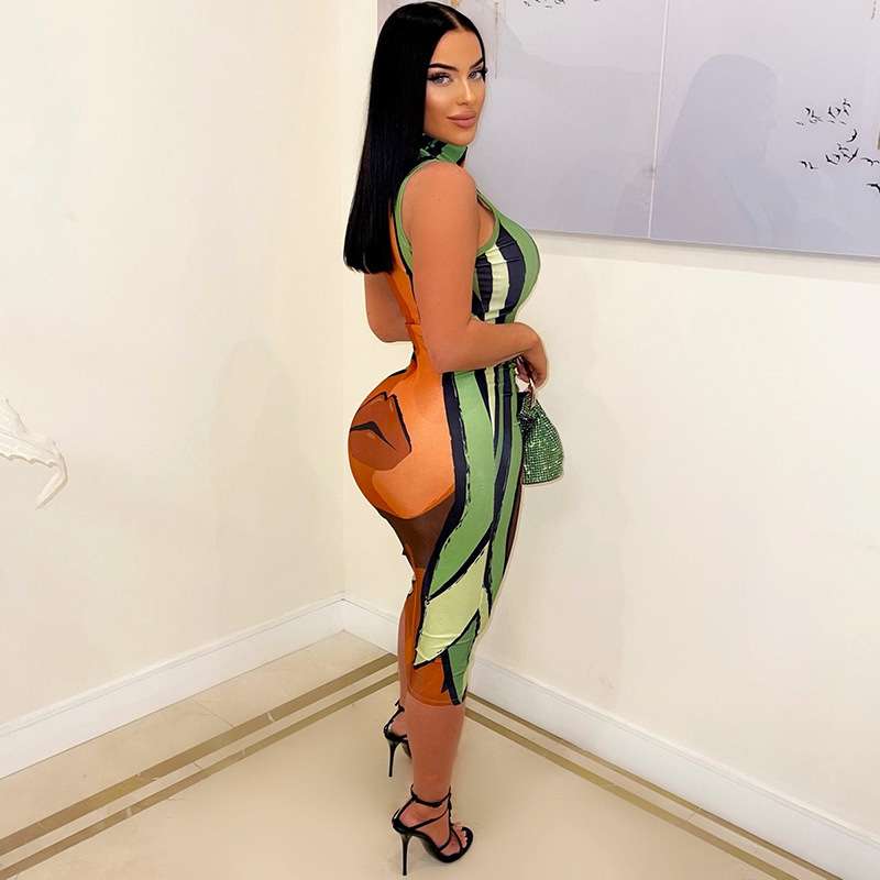 High Neck Sleeveless Lip Print Slim Fit Dress