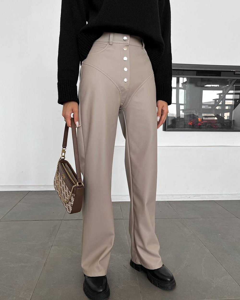 High Waisted Leather Patchwork Pants Casual Pants