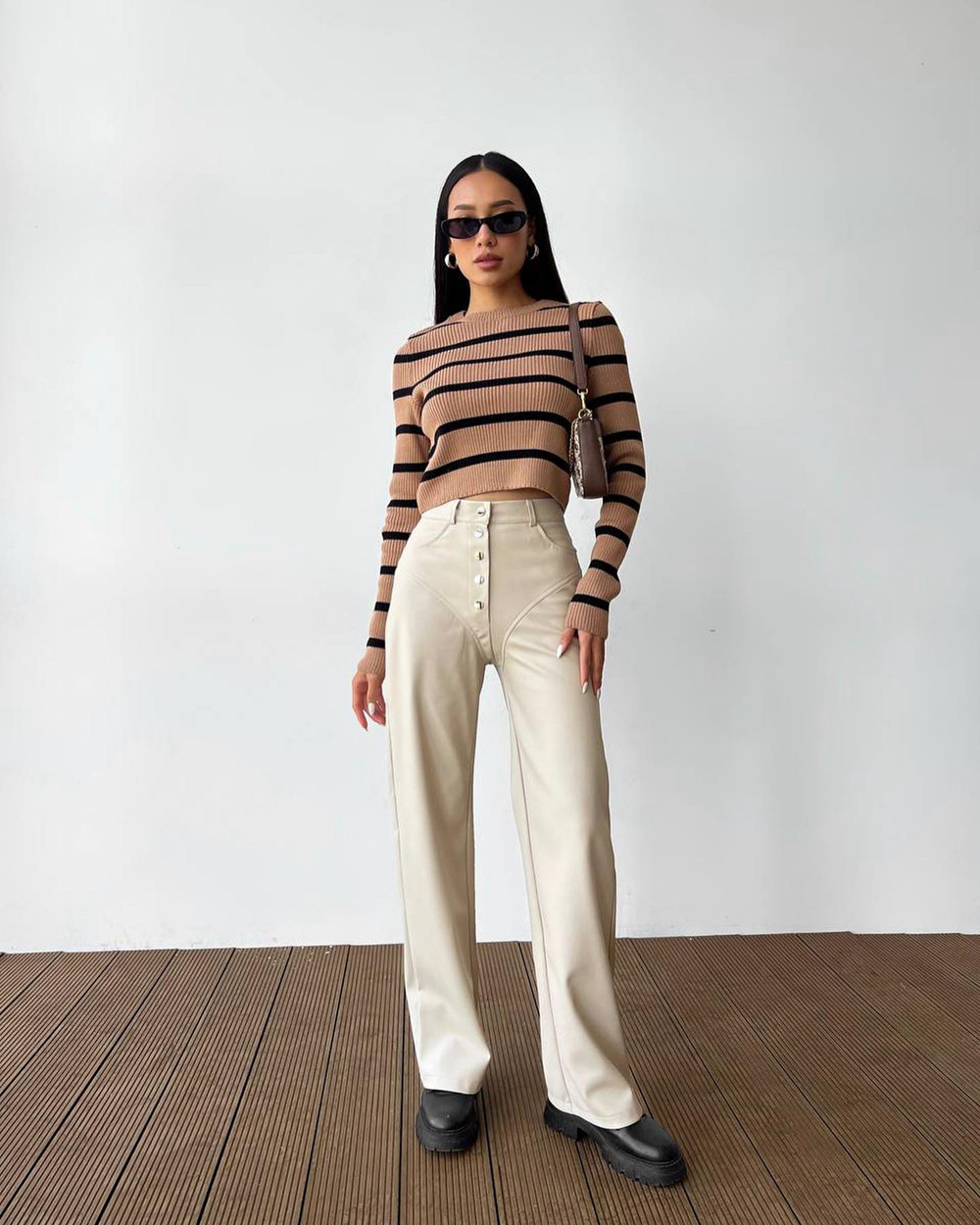 High Waisted Leather Patchwork Pants Casual Pants