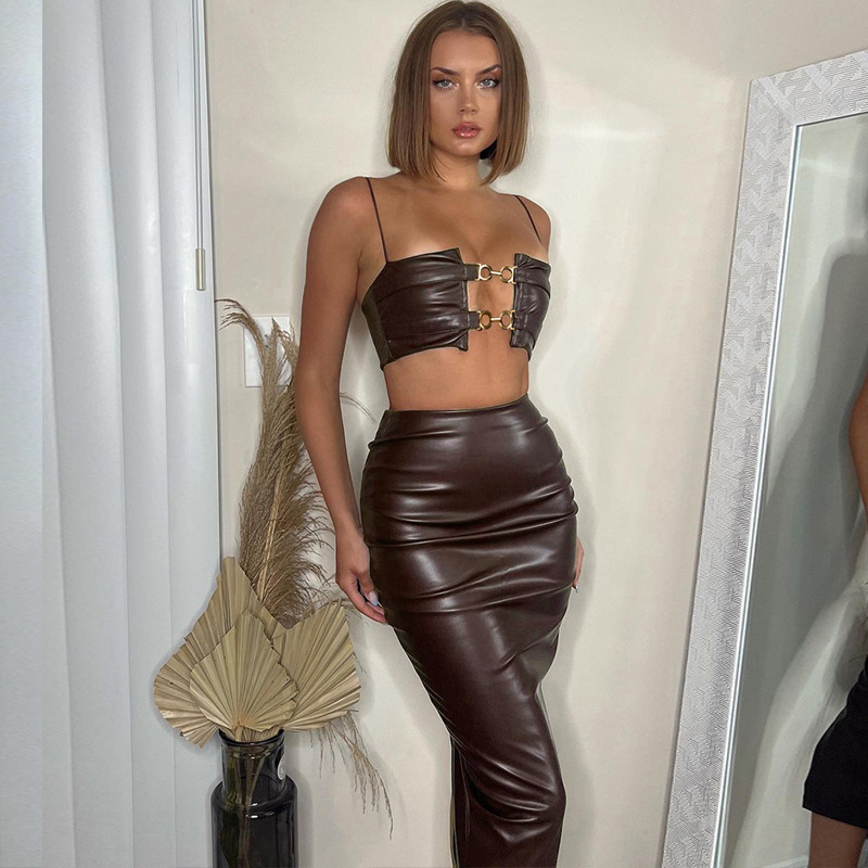 Leather Sexy Camisole Vest With Hip Opening Skirt Set