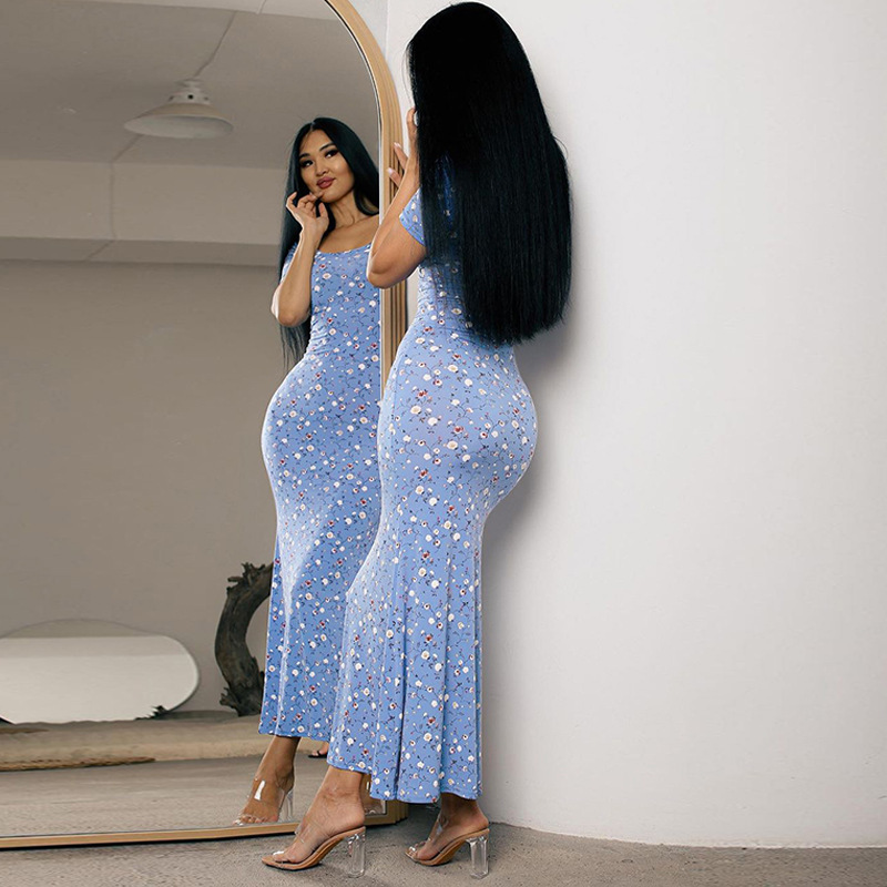 Printed Round Neck Short Sleeved Waist Bag Hip Dress