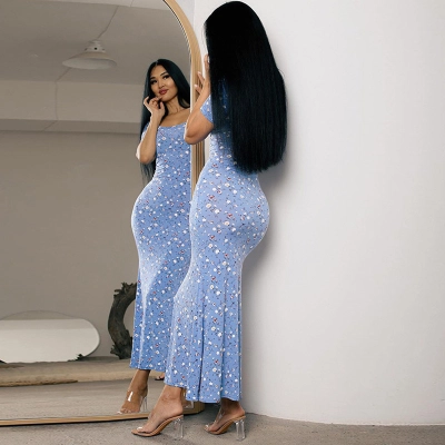 Printed Round Neck Short Sleeved Waist Bag Hip Dress 02