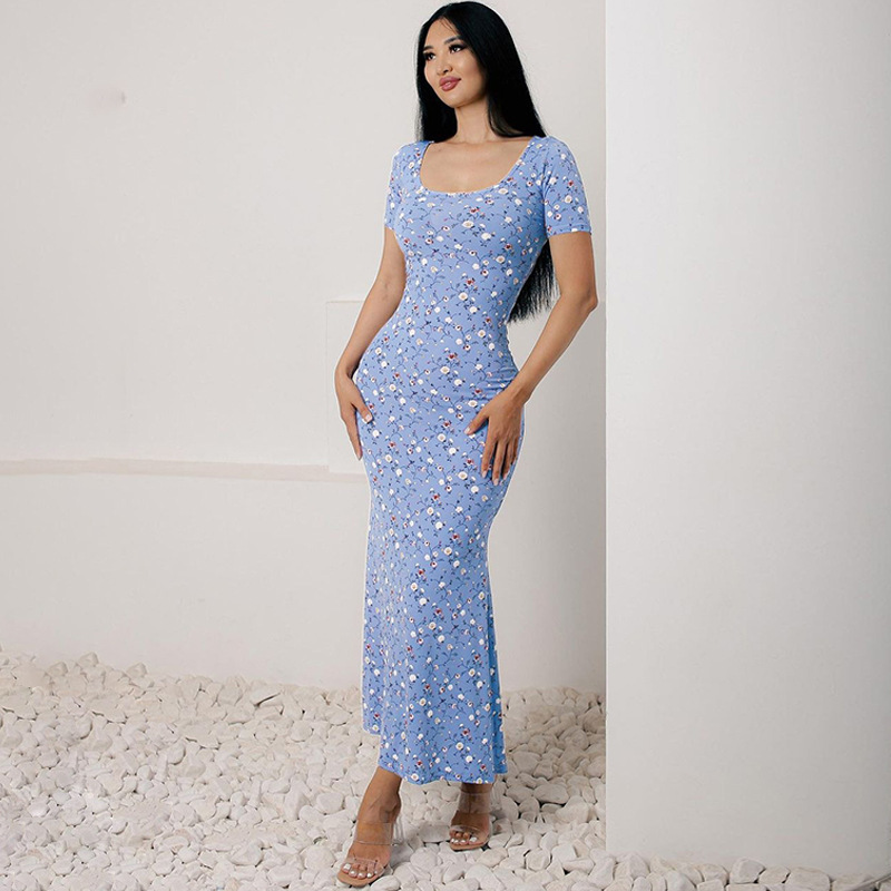 Printed Round Neck Short Sleeved Waist Bag Hip Dress