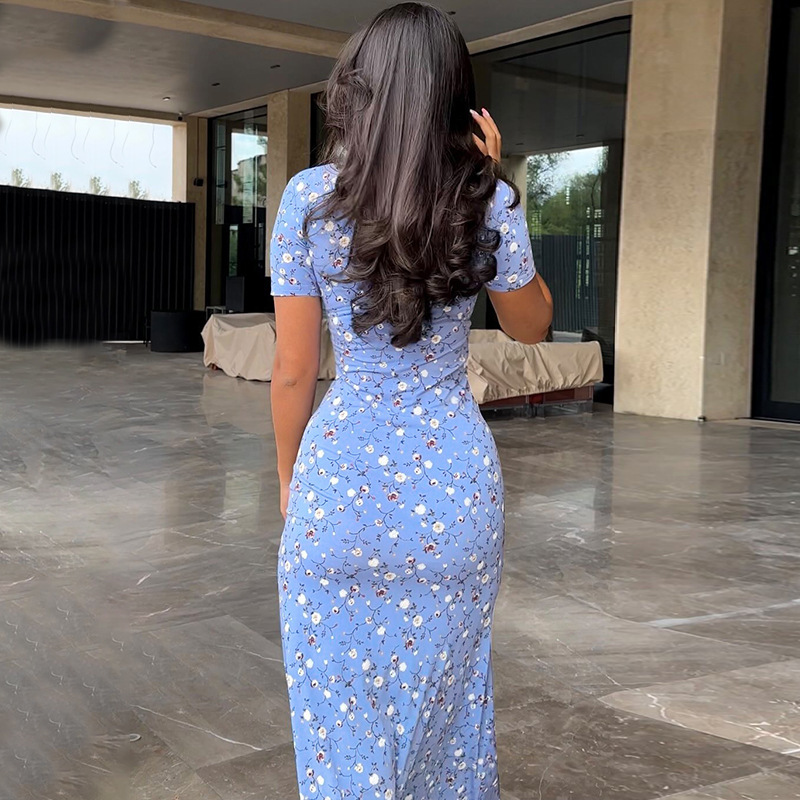 Printed Round Neck Short Sleeved Waist Bag Hip Dress