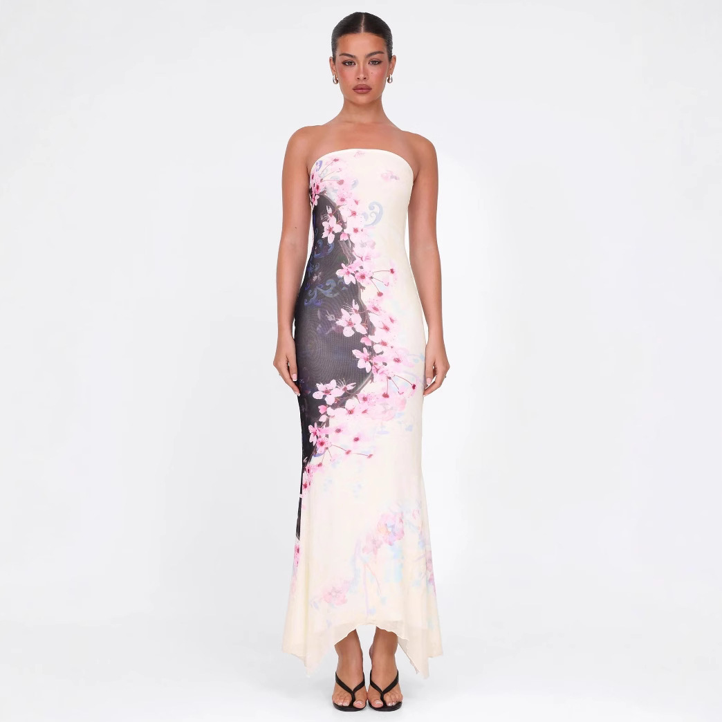 Sexy Strapless, Hip Hugging, Irregular Printed Dress