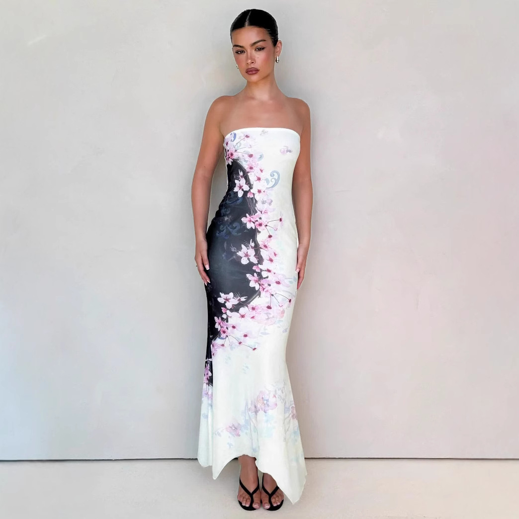 Sexy Strapless, Hip Hugging, Irregular Printed Dress