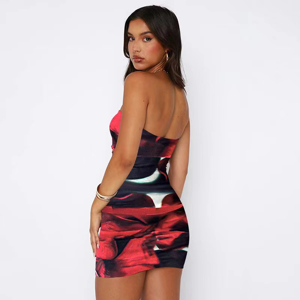 Sexy Strapless Printed Bag Skirt With Fashionable Buttocks