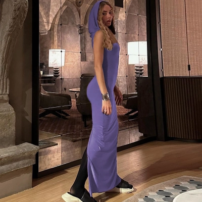 Solid Color Hooded Slit Sleeveless Dress 02