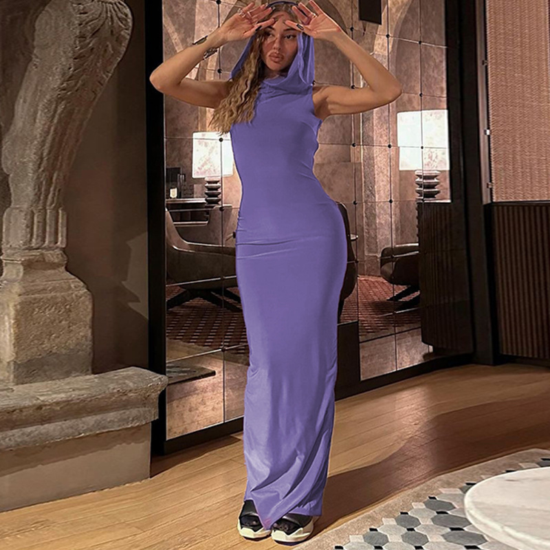 Solid Color Hooded Slit Sleeveless Dress