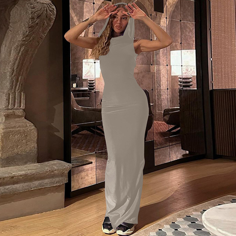 Solid Color Hooded Slit Sleeveless Dress