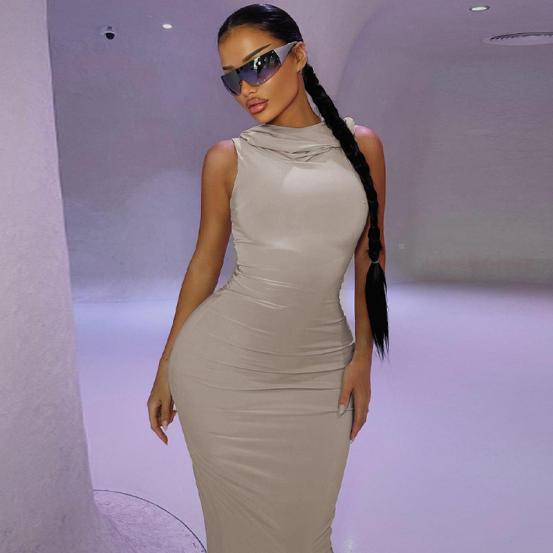 Solid Color Hooded Slit Sleeveless Dress