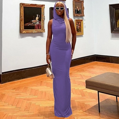 Solid Color Hooded Slit Sleeveless Dress 01
